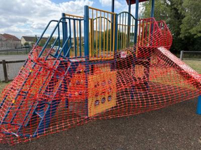 Play tower fenced to prevent use